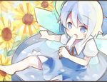  barefoot baron_(x5qgeh) bathing blue_dress blue_eyes blue_hair bow bucket cirno dress flower food hair_bow ice ice_wings in_bucket in_container open_mouth popsicle puffy_short_sleeves puffy_sleeves shirt short_sleeves solo sunflower touhou water wings 