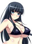  bikini black_bikini black_hair blue_eyes blush breasts cleavage ikaruga_(senran_kagura) large_breasts long_hair looking_at_viewer megane_man navel senran_kagura senran_kagura_shoujo-tachi_no_shin'ei simple_background solo strap_gap swimsuit very_long_hair white_background 