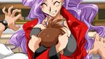  breasts jewelry kimura_takahiro large_breasts long_hair mini_skirt miniskirt necklace on_air purple_hair skirt smile smothering white_skirt 