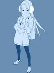  backpack bag blue_background earmuffs full_body ino jacket loafers long_hair looking_at_viewer mochizuki_nonoka monochrome otome_function pantyhose scarf shoes simple_background solo 