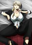  blue_eyes breasts bursting_breasts c_(control) candy cleavage huge_breasts jennifer_satou lollipop navel nuezou spread_legs 