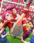  artist_request ball idolmaster idolmaster_million_live! maihama_ayumu multicolored_hair multiple_girls official_art pink_eyes pink_hair soccer_ball soccer_uniform sportswear wristband 