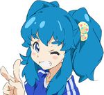  alternate_hairstyle blue_eyes blue_hair blue_shirt blush eyelashes grin hair_ornament happinesscharge_precure! happy long_hair looking_at_viewer one_eye_closed precure shirayuki_hime shirt simple_background sketch smile solo twintails umanosuke v white_background 