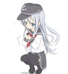  ? black_legwear core_(mayomayo) food hat hibiki_(kantai_collection) kantai_collection long_hair neckerchief school_uniform serafuku silver_eyes silver_hair skirt solo squatting thighhighs translated wagashi youkan_(food) 