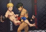  2boys abs against_wall ass black_hair blonde_hair erection feet fence gloves grin lifting male_focus multiple_boys naughty_face penis public scar smile sports_wear tattoo toes wrestling wrestling_ring yaoi 
