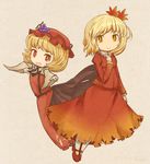  aki_minoriko aki_shizuha akihiyo artist_name blonde_hair brown_background dated dress food fruit grapes hair_ornament hat leaf leaf_hair_ornament looking_at_viewer multiple_girls open_mouth pointing pointing_at_viewer red_eyes short_hair siblings simple_background sisters smile touhou yellow_eyes 