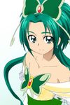  akimoto_komachi bare_shoulders butterfly_hair_ornament collarbone cure_mint earrings eyelashes frilled_sleeves frills gradient gradient_background green green_eyes green_hair hair_ornament jewelry long_hair looking_at_viewer magical_girl manji_(tenketsu) precure sketch smile solo yes!_precure_5 