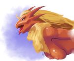  anthro avian beak bird blaziken breasts chicken eyelashes feathers female half-closed_eyes happy hattonslayden nintendo nipples nude open_mouth pok&#233;mon pok&eacute;mon smile solo tongue tongue_out video_games 