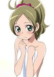  blush brown_hair embarrassed green_eyes looking_at_viewer manji_(tenketsu) minamino_kanade naked_towel precure solo suite_precure towel 