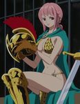  1girl armor bikini_armor breasts dressrosa navel one_piece pink_hair princess rebecca_(one_piece) screencap solo stitched sword weapon 