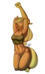  anthro anthrofied applejack_(mlp) avante92 blonde_hair bottomless breasts cleavage clothed clothing earth_pony equine female feral freckles friendship_is_magic fur hair horse mammal my_little_pony orange_fur pony pussy solo stretching waking_up 