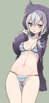  animal_hat bad_id bad_twitter_id bikini breasts copyright_request hat hood hooded_jacket hoodie jacket k_(li) long_hair medium_breasts navel open_mouth purple_eyes silver_hair simple_background sketch sleeves_past_wrists solo striped striped_bikini swimsuit tears thigh_gap 