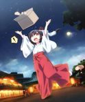  1girl alternate_hairstyle black_hair box dutch_angle ema full_moon hair_ornament hair_ribbon hair_tubes hakama hands_up japanese_clothes looking_up love_live! love_live!_school_idol_project miko moon night open_mouth ponytail red_eyes red_hakama riai_(onsen) ribbon sandals sandals_removed shrine sky solo spoken_exclamation_mark star_(sky) starry_sky tabi tripping yazawa_nico 
