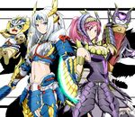  :3 :d ;) alatreon_(armor) animal armor belt blade blue_eyes blush breasts cat choker cleavage collarbone cowboy_shot expressionless felyne green_eyes headgear headpiece helmet horns japanese_armor jitome large_breasts looking_at_viewer midriff monster_hunter multiple_girls mun navel one_eye_closed open_mouth pink_eyes pink_hair scales silver_hair simple_background smile standing whiskers yellow_background zinogre_(armor) 