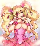  blonde_hair bow breasts breasts_outside convenient_arm cure_peach fresh_precure! hair_ornament heart heart_hair_ornament heart_hands hisahiko large_breasts long_hair looking_at_viewer magical_girl md5_mismatch momozono_love one_eye_closed pink_bow pink_eyes precure revision smile solo twintails 