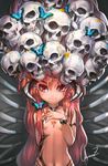  bad_id bad_pixiv_id bug butterfly covering covering_breasts demon_girl fang flat_chest horns insect long_hair looking_at_viewer navel observerz original pink_hair red_eyes skull smile solo topless 