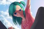  aqua_hair blue_eyes bulma character_name cloud commentary day dragon_ball dragon_ball_(classic) from_below hair_bobbles hair_ornament half_updo highres light looking_at_viewer maredoro one_side_up opening ponytail shadow shirt short_ponytail sky smile solo t-shirt upper_body 