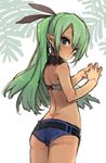  ass bad_id bad_twitter_id bare_shoulders collar copyright_request dimples_of_venus flat_chest from_behind green_eyes green_hair hair_ribbon hands_together k_(li) long_hair looking_back pointy_ears ribbon short_shorts shorts sketch solo strapless tubetop 