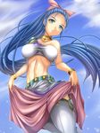  absurdres armband belt blue_hair bow cyoppu dragon_quest earrings flora hair_bow highres jewelry long_hair midriff parted_lips pink_bow ponytail solo thighhighs 