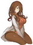  aoki_hagane_no_arpeggio arched_back bad_id bad_twitter_id between_thighs breasts brown_eyes brown_hair brown_legwear cropped_legs hair_ornament hair_over_one_eye hairclip head_tilt hyuuga_(aoki_hagane_no_arpeggio) jewelry k_(li) labcoat large_breasts long_hair miniskirt monocle necklace orange_shirt pantyhose shirt simple_background sitting skirt smile solo turtleneck white_background 