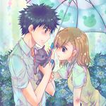  1girl aibara_mitsuki animal bad_id bad_pixiv_id black_hair blush brown_hair cat highres holding holding_umbrella kamijou_touma looking_at_another misaka_mikoto school_uniform shared_umbrella spiked_hair to_aru_kagaku_no_railgun to_aru_majutsu_no_index umbrella upper_body 