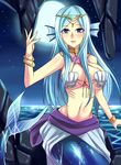  bare_shoulders blue_eyes blue_hair breasts cleavage fish_girl gills head_fins large_breasts long_hair looking_at_viewer megane_man mermaid midriff monster_girl moon navel night open_mouth original rock scales shell shell_bikini smile solo tiara 