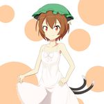  :3 animal_ears brown_hair cat_ears cat_tail cato_(monocatienus) chen collarbone dress green_hat hand_on_hip hat jewelry mob_cap multiple_tails nekomata nightgown orange_eyes petite polka_dot polka_dot_background single_earring skirt_hold solo tail touhou tsurime two_tails 