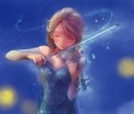  a-ka artist_name bare_shoulders blonde_hair blue blue_background closed_eyes elsa_(frozen) frozen_(disney) instrument snowflakes solo violin watermark web_address 