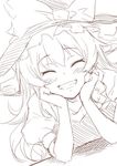  blush bow braid closed_eyes dress grin hair_ornament hands_on_own_cheeks hands_on_own_face happy hat hat_bow k2isu kirisame_marisa long_hair monochrome raised_eyebrows shadow short_sleeves side_braid sketch smile solo teeth touhou witch_hat 