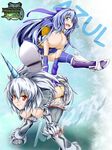  armor armored_boots asuru_(armor) bent_over blue_eyes blue_hair boots breasts bunny_hop cleavage downblouse fur_trim grin hanging_breasts highres horn huge_breasts jumping kirin_(armor) knee_boots large_breasts looking_at_viewer monster_hunter monster_hunter_frontier multiple_girls mun open_mouth red_eyes silver_hair smile spread_legs teeth thighhighs tsurime 