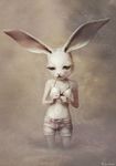  bra breasts clothing female fur lagomorph mammal pensive photo-realistic rabbit ryohei_hase shorts solo underwear white_fur 