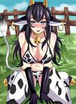  1girl :p animal_ears bell bikini black_hair blue_eyes blush breasts cleavage cow_bell cow_ears cow_tail earrings gloves heart heart-shaped_pupils holstaurus hooves horns jewelry large_breasts long_hair megane_man monster_girl solo swimsuit symbol-shaped_pupils tail tongue tongue_out 