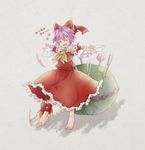  ankle_ribbon ascot barefoot bow cosplay detached_sleeves full_body grey_background hair_bow hakurei_reimu hakurei_reimu_(cosplay) heart minigirl needle open_mouth outstretched_arms pincushion purple_hair ribbon short_hair simple_background smile solo sukuna_shinmyoumaru toropp touhou 