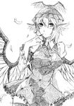  absurdres animal_ears breasts dress feathers finger_to_mouth fingernails fumotewi greyscale hat highres large_breasts long_fingernails long_sleeves looking_at_viewer monochrome mystia_lorelei short_hair simple_background solo thighhighs touhou traditional_media white_background wings 