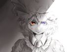  ascot bad_id bad_pixiv_id brooch face hat hat_ribbon heterochromia jewelry looking_at_viewer mob_cap monochrome remilia_scarlet ribbon solo spot_color touhou touya_(tottoo-to) upper_body 