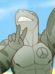  &#9774; ? abs amit anthro armpits biceps big_muscles blue_background blue_eyes claws dragondoc fangs fish grey_body grin male marine muscles nipples nude outside pecs plain_background raised_arm selfie shark sharp_teeth smile snout solo standing stripes tattoo teeth two_tone_skin v_sign 