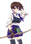  arrow black_legwear bow_(weapon) brown_eyes brown_hair gloves hakama_skirt japanese_clothes kaga_(kantai_collection) kantai_collection looking_at_viewer muneate partly_fingerless_gloves serious side_ponytail single_glove solo tasuki thighhighs weapon white_background yatiyo yugake 