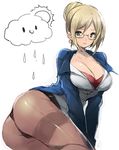  alternate_costume arm_support ass back-seamed_legwear bad_id bad_twitter_id bespectacled black_panties blonde_hair breasts brown_legwear cleavage earrings forecast_janna glasses green_eyes hair_bun janna_windforce jewelry k_(li) large_breasts league_of_legends lying on_side panties panties_over_pantyhose pantyhose seamed_legwear simple_background sketch solo sweatdrop thighband_pantyhose underwear white_background 