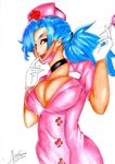  1girl blue_hair breasts breats cleavage doctora large_breasts red_eyes solo 