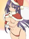  breasts capelet christmas fur_trim gloves hat highleg highleg_panties large_breasts long_hair navel original orion_(orionproject) panties purple_eyes purple_hair red_gloves red_panties sack santa_hat simple_background smile solo thigh_gap underboob underwear very_long_hair white_background 
