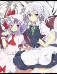  apron ascot bad_id bad_pixiv_id bat_wings blue_eyes braid cowboy_shot frown gears hand_on_own_face hat hat_ribbon highres izayoi_sakuya knife lavender_hair letterboxed looking_at_viewer maid_headdress mob_cap multiple_girls puffy_short_sleeves puffy_sleeves red_eyes remilia_scarlet ribbon saibi short_hair short_sleeves silver_hair skirt skirt_set smile touhou tsurime twin_braids waist_apron wings wrist_cuffs 