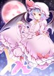  adapted_costume barefoot bat_wings bloomers blue_hair chikado colorized curtsey dress fang flat_chest full_moon hat hat_ribbon highres juliet_sleeves long_sleeves looking_at_viewer mob_cap moon night open_mouth pink_dress pink_eyes puffy_sleeves red_eyes red_moon remilia_scarlet ribbon ribbon-trimmed_skirt ribbon_trim short_hair sky smile solo touhou underwear wars-ma wings 