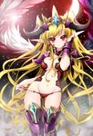  armor blonde_hair breasts cleavage demon_girl feathered_wings horns large_breasts lilith_(p&amp;d) long_hair midriff myutsusama nail_polish navel panties panty_pull pauldrons pointy_ears puzzle_&amp;_dragons red_eyes smile solo tiara underwear wings 