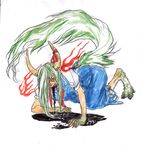  bad_id bad_pixiv_id ex-keine extra_eyes hakutaku horn_ribbon horns kamishirasawa_keine kamishirasawa_keine_(hakutaku) kobuushi looking_at_viewer paws red_eyes ribbon sketch tail touhou traditional_media transformation vomiting watercolor_(medium) youkai 