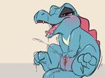  anthro carrot_(artist) crocodile dripping drooling female female_ejaculation half-closed_eyes nintendo open_mouth orgasm plain_background pok&#233;mon pussy pussy_juice red_eyes reptile saliva scalie sitting solo tongue totodile video_games 