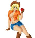  applejack_(mlp) big_breasts blonde_hair breasts cleavage clothed clothing female friendship_is_magic fruit gloves green_eyes hair hat holding human humanized long_hair mammal my_little_pony navel plain_background skimpy solo white_background zantyarz 