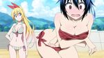  2girls beach bikini blonde_hair blue_eyes blue_hair breasts cleavage kirisaki_chitoge large_breasts long_hair multiple_girls nisekoi red_eyes short_hair swimsuit tsugumi_seishirou 