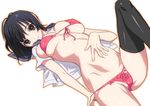  bikini black_eyes black_hair black_legwear blush breasts front-tie_top hand_on_own_stomach hirose_(mokiki) large_breasts leg_up looking_at_viewer lying on_back open_clothes original pink_bikini school_uniform serafuku short_hair simple_background smile solo string_bikini swimsuit thighhighs white_background 