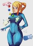  1girl anal_beads blonde_hair blue_eyes bodysuit breast_grab breasts cursor gloves grabbing large_breasts long_hair metroid nintendo parody ponytail samus_aran simple_background splashbrush super_smash_bros. zero_suit 