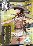  america arrow belt blush bow_(weapon) braid breasts brown_eyes brown_hair card_(medium) card_parody character_name commentary_request cowboy_hat crop_top facial_mark gun handgun hat holding holding_bow_(weapon) holding_weapon holster jeanex kantai_collection kneehighs large_breasts left-handed midriff navel open_mouth original pacific quiver revolver short_hair solo tattoo translation_request twin_braids us_navy uss_yorktown_(cv-5) weapon yorktown_(pacific) 